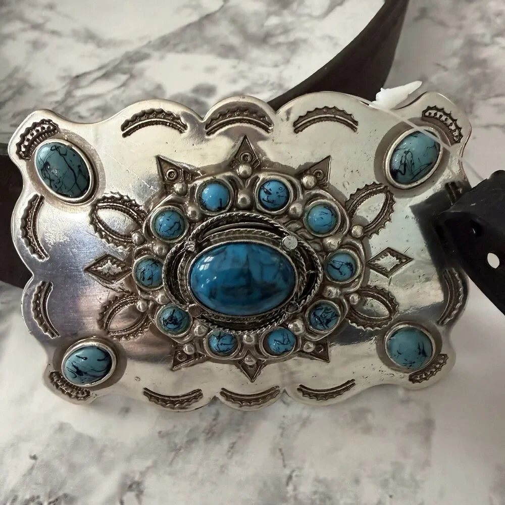 Guess Genuine Mens Leather Concho Belt Western Faux Turquoise Buckle Boho XL NWT